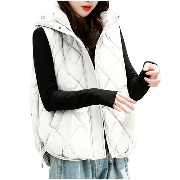 HAPIMO Womens Puffer Vest Sleeveless Zip Up Quilted Coat Stand Collar Gilet Jacket with Pockets Cotton Hoodie White XXL