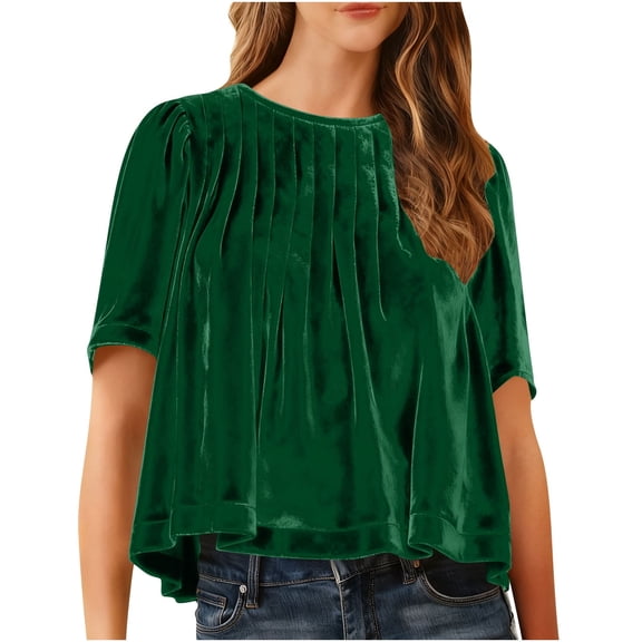 HAPIMO Womens Soft Comfy Velvet Tops Pleated Peplum Crew Neck Long Sleeve Pullover Tops Puff Blouses Elegant Crop Casual Shirts Green XL