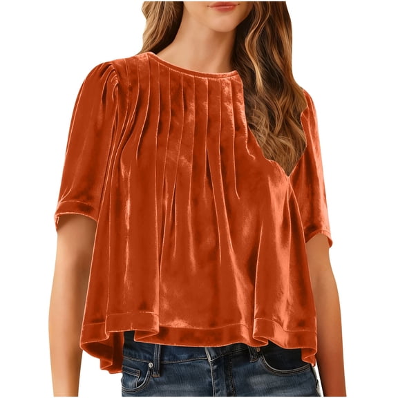 HAPIMO Womens Soft Comfy Velvet Tops Pleated Peplum Crew Neck Long Sleeve Pullover Tops Puff Blouses Elegant Crop Casual Shirts Orange M