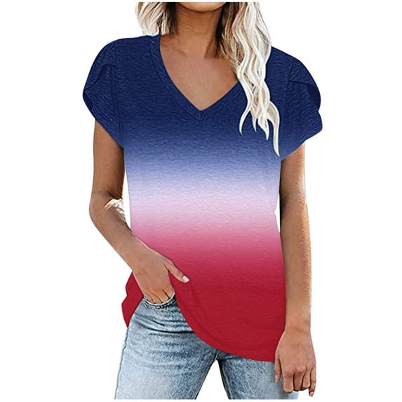 HAPIMO Womens Summer Tops Gradient Color Teen Grils Fashion Clothes Short Sleeve V-Neck Tee Shirt Casual Comfy Pullover Tops Shirts for Women Blue XXL