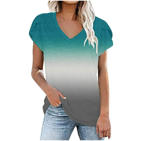 HAPIMO Womens Summer Tops Gradient Color Teen Grils Fashion Clothes Short Sleeve V-Neck Tee Shirt Casual Comfy Pullover Tops Shirts for Women Green XXXL
