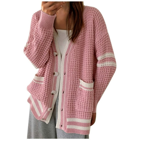 HAPIMO Womens Sweaters Fall Fashion Long Sleeve Knit Cardigan Button V-Neck Casual Jumper Pullover Sweaters for Women Pink M