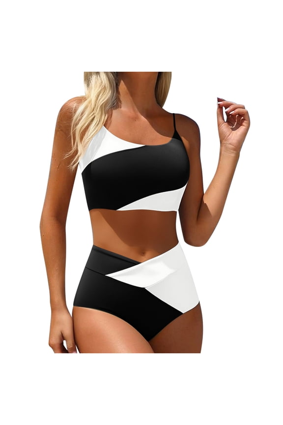 Womens Swimsuits Two Piece Bikini Sets Spaghetti Straps Tops and Bottom Tropical Hawaii Style Swimwear Summer Beach Pool Bathing Suit Black L