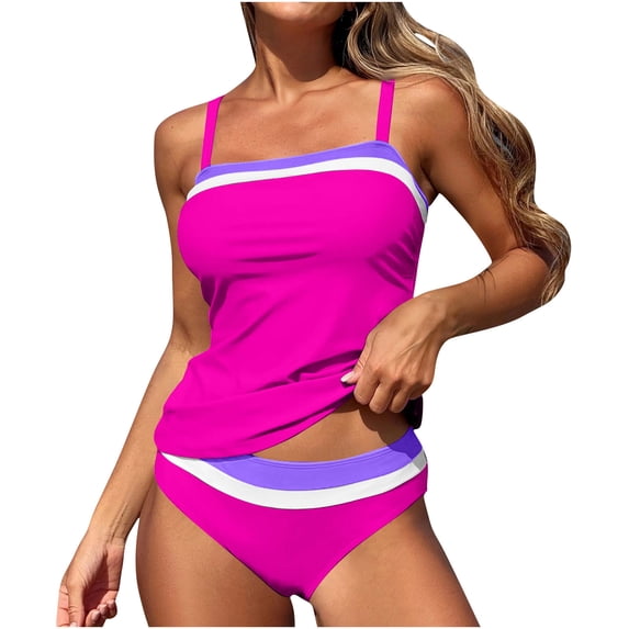 HAPIMO Womens Tankini Swimsuits Color Block Double Strap Top with Bottom Two Piece Bathing Suits Summer Beach Pool Swimwear for Women Hot Pink S
