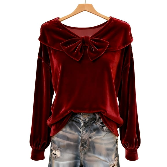 HAPIMO Womens Velvet Tops Puff Sleeve Bow Tie V Neck Shirts Trendy Dressy Blouses Elegant Party Casual Tops Soft Comfy Shirts Wine M