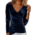 thumbnail image 1 of HAPIMO Womens Velvet Tops Ruched Wrap V Neck Stretch Slim Shirts Elegant Party Shirts Casual Long Sleeve Blouses Blue XL, 1 of 7