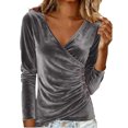 thumbnail image 1 of HAPIMO Womens Velvet Tops Ruched Wrap V Neck Stretch Slim Shirts Elegant Party Shirts Casual Long Sleeve Blouses Gray L, 1 of 7