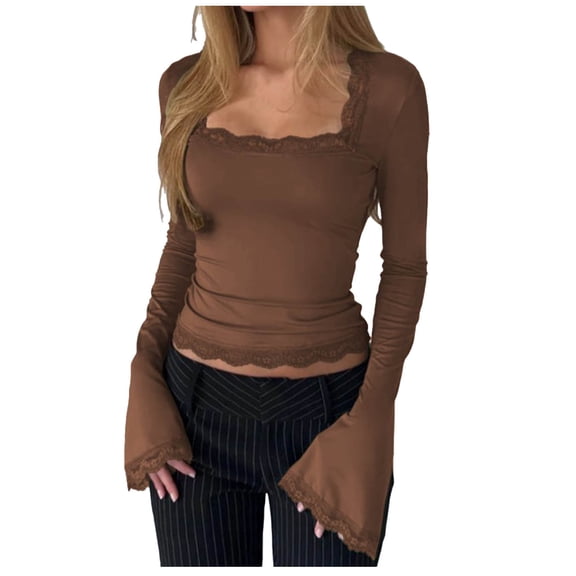 HAPIMO Womens Y2k Bell Long Sleeve Crop Tops Lace Trim Square Neck Shirt Slim Fit Stretchy Tops Going Out Top Fashion Trendy Casual Blouses Coffee XL