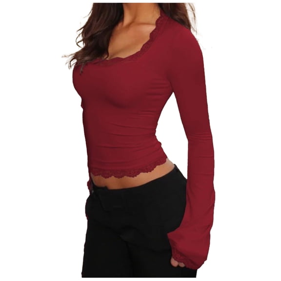 HAPIMO Womens Y2k Bell Long Sleeve Crop Tops Lace Trim Square Neck Shirt Slim Fit Stretchy Tops Going Out Top Fashion Trendy Casual Blouses Wine XL