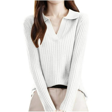 HAPIMO Wool Sweater Women Fall Winter Warm Knitted Pullover Lapel V Neck Long Sleeve Sweater Fashion Ribbed Tops Basic Tops Clearance White S