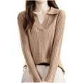 thumbnail image 1 of HAPIMO Wool Sweater Women Fall Winter Warm Knitted Pullover Lapel V Neck Long Sleeve Sweater Fashion Ribbed Tops Basic Tops Yellow M, 1 of 3