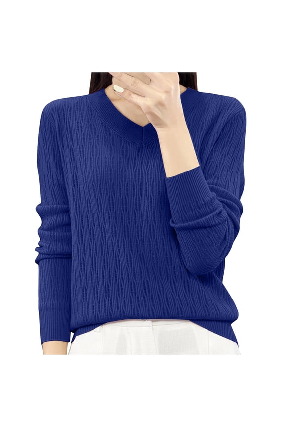 Wool Sweater Women Fall Winter Warm Knitted Pullover V Neck Long Sleeve Sweater Basic Tops Loose Blue XL
