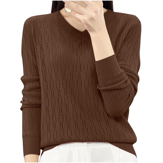 HAPIMO Wool Sweater Women Fall Winter Warm Knitted Pullover V Neck Long Sleeve Sweater Basic Tops Loose Brown XL
