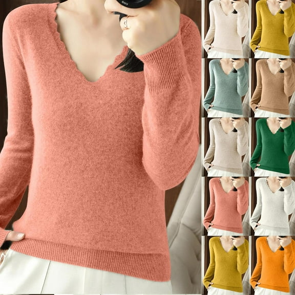 HAPIMO Wool Sweater Women Fall Winter Warm Knitted Pullover V Neck Long Sleeve Sweater Basic Tops Loose Green L