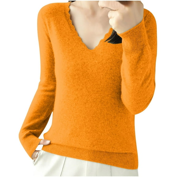 HAPIMO Wool Sweater Women Fall Winter Warm Knitted Pullover V Neck Long Sleeve Sweater Basic Tops Loose Orange L