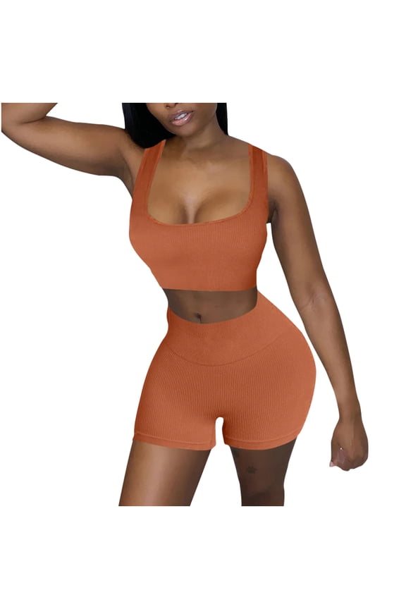 Workout Outfits for Women 2 Pieces Yoga Set Gym Exercise Seamless Yoga Leggings with Sports Bra Fitness Activewear Orange L