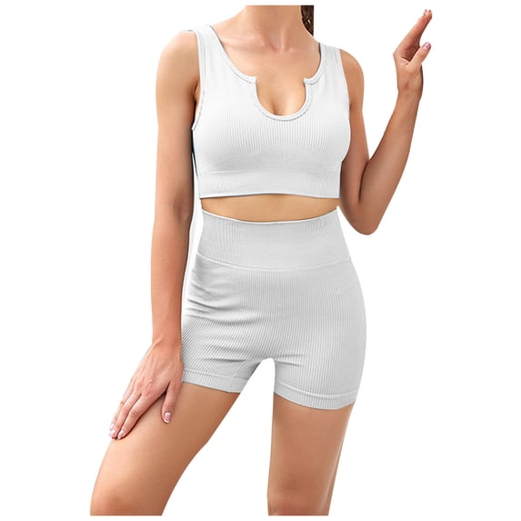 HAPIMO Workout Outfits for Women 2 Pieces Yoga Shorts Set Gym Exercise Seamless Yoga Leggings with Sports Bra Fitness Activewear Discount Beige