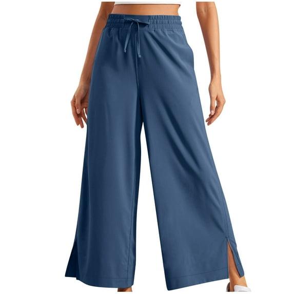 HAPIMO Workout Solid Color Pants Full Length Pants Loose Pants Pockets Side Split for Women Bandage Elastic Waist Activewear Trousers Casual Slacks Sweatpants Blue L