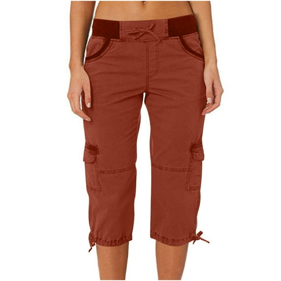 HAPIMO Workwear Capri Pants with Pcoket for Women Retro Solid Color High Rise Trousers Trendy Clothes Leisure Relaxed Wine XL