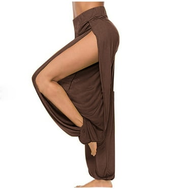 HAPIMO Yoga Wide Leg Pants Side Split for Women Elastic Waist Running Sports Stretch Fall Solid Trousers Trendy Clothes Coffee M
