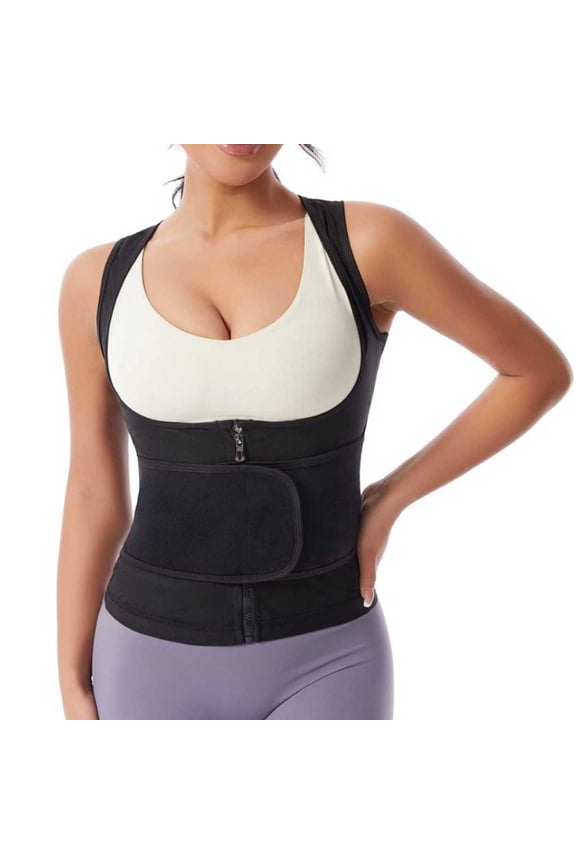 Zipper Hook And Loop Waist Trainer Vest Women U Neck Waist Shaping Fitness Top Black S