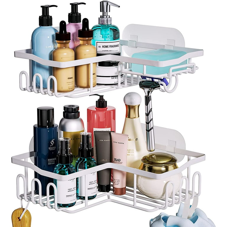 HAPIRMCorner Shower Organizer Storage Shelf with Shampoo Holder 2pcs  Stainless Steel Basket Shelves with 6 Pack Adhesives White