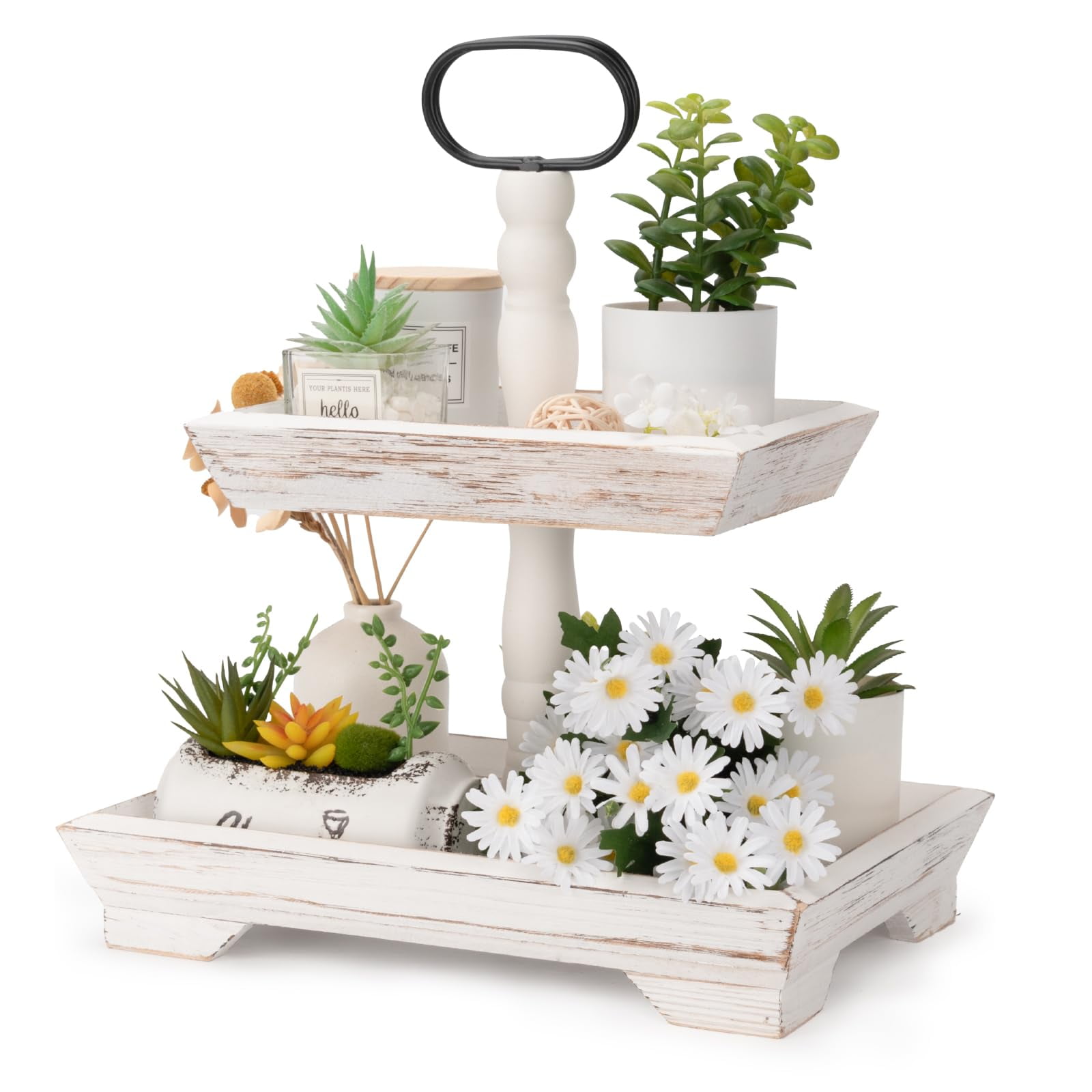 HAPOO 2 Tiered Tray Stand - Farmhouse Wood Decor, White