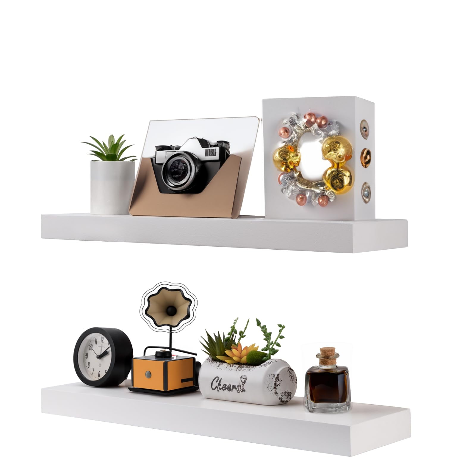 HAPOO 23.6 inch Wood Floating Shelves Wall Mounted Shelves, White, Set of 2