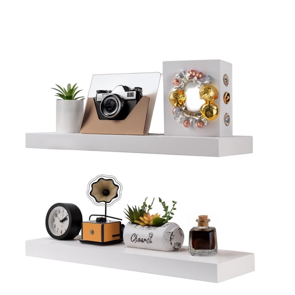 HAPOO 23.6 inch Wood Floating Shelves Wall Mounted Shelves, White, Set of 2