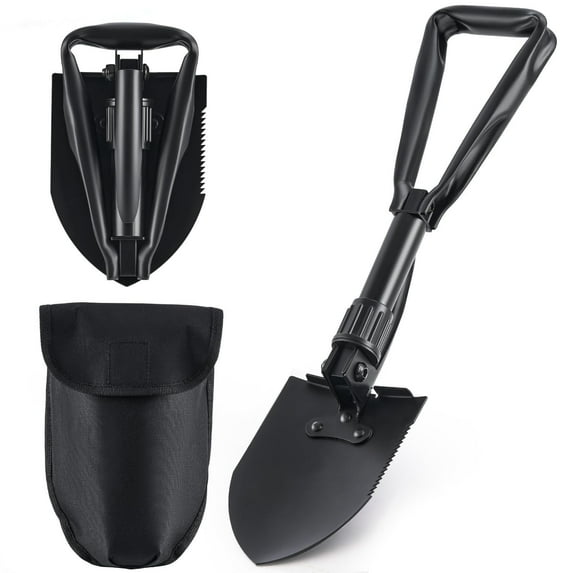 Folding Survival Shovel w/Pick - Heavy Duty Carbon Steel Military Style Entrenching Tool for Off Road, Camping, Gardening, Beach, Digging Dirt, Sand, Mud & Snow.