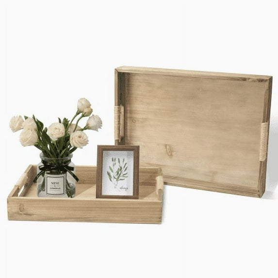 HAPOO Rustic Wooden Serving Tray, Decorative Tray, Coffee Table Tray, Rectangle Nesting Food Trays with Handles, Set of 2