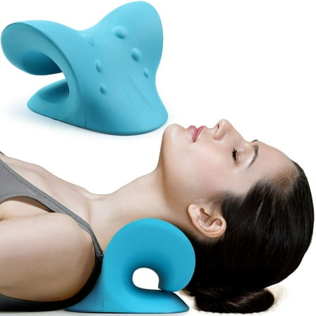 Neck and Shoulder Relaxer, Cervical Traction Device for TMJ Pain Relief and Cervical Spine Alignment, Chiropractic Pillow Neck Stretcher (Blue)