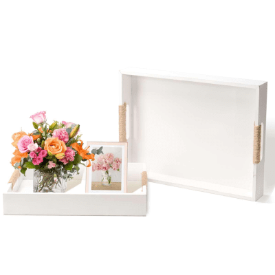 HAPOO White Wooden Serving Tray, Decorative Tray, Coffee Table Tray, Rectangle Nesting Food Trays with Handles, Set of 2