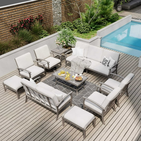 HAPPATIO 10 Piece Aluminum Patio Furniture Set, 3-Seat Outdoor Couch and Loveseat, All-Weather Outdoor Sectional Sofa with Swivel Armchairs and Ottomans, Garden Conversation Set(Gray)