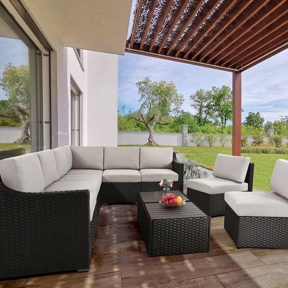 HAPPATIO 10-Piece Wicker Patio Conversation Set with Gray Cushions
