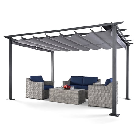 HAPPATIO 10 x 13 FT Pergola, Outdoor Retractable Shade Canopy, UV-Proof, for Garden, Deck, Lawn, Backyard (Gray)