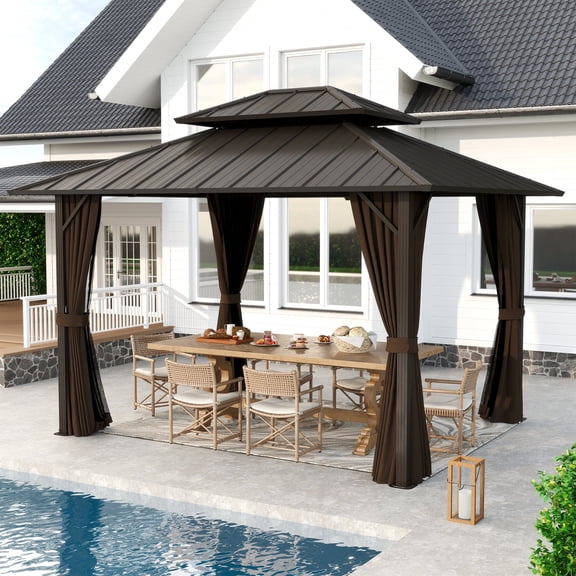 HAPPATIO 10'x12' Outdoor Gazebo with Hardtop Roof, Double Galvanized Steel Roof Canopy with Aluminum Frame, Curtains and Netting for Patio, Backyard, Deck, Lawn,Brown