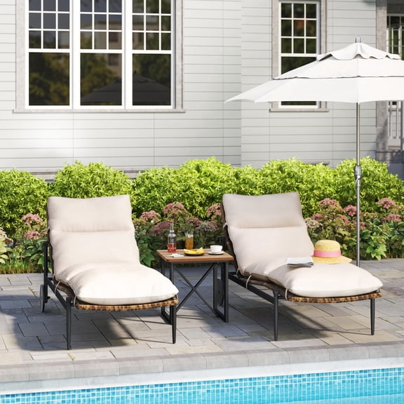 HAPPATIO 2PCS Patio Chaise Lounge, Wicker Outdoor Lounge Chairs and Wood Side Table with Aluminum Frame,Thick Removable Cushion, All-Weather Outdoor Reclining Chair with Wheels,for Pool Deck Porch