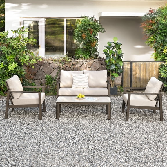 HAPPATIO 4-Piece Aluminum Patio Conversation Set for 4, Includes 1 Loveseat, 2 Armchairs,1 Coffee Table, Wood-Grain Finish, Seats with Rope-Back Detail,Stone Tabletop, for Backyard, Poolside