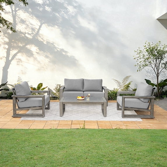 HAPPATIO 4-Pc Aluminum Outdoor Conversation Set, Include Loveseat, Single Sofa x2, Coffee Table,
