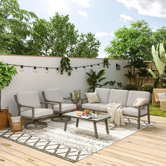 HAPPATIO 4-Pc Outdoor Aluminum Patio Conversation Set, Include 3 Seatsofa, Swivel Sofa x2, Coffee Table,