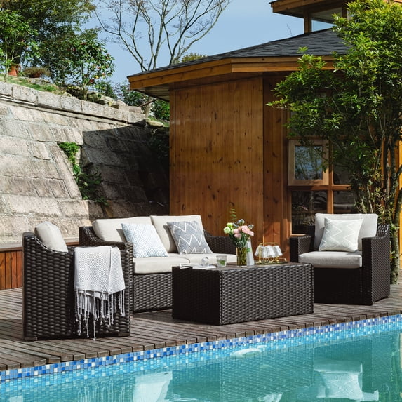 HAPPATIO 4-Piece Wicker Patio Conversation Set with Gray Cushions