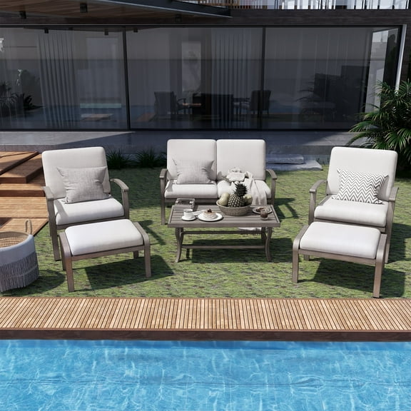 HAPPATIO 6 Piece Aluminum Patio Furniture Set, Outdoor Armchairs with Ottomans and Loveseat, Outdoor Sectional Sofa with Comfortable Cushions and Coffee Table(Gray)