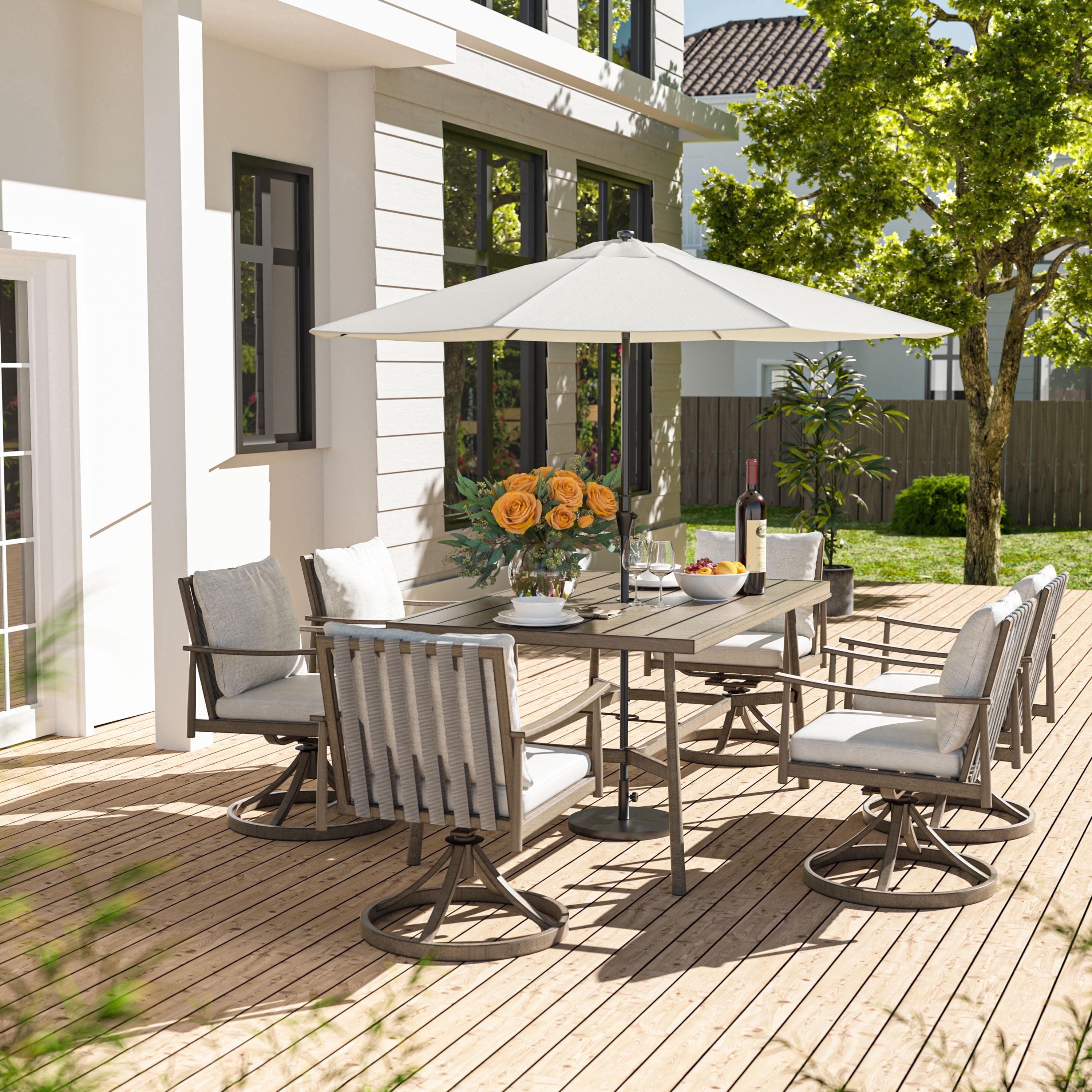 HAPPATIO 7-Piece Outdoor Dining Set for 6, Aluminum Patio Dining Setcludes 6 Swivel Dining Chairs and 1 Large Rectangular Table with Umbrella Hole, Patio Furniture Set for Lawn, Porch, Grey