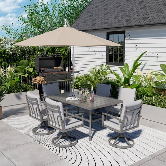 HAPPATIO 7-Piece Outdoor Dining Set - All Aluminum Patio Table and Chairs Set for 6 Includes 1 Rectangular Table and 6 Swivel Chairs with Cushions for Lawn, Garden, Backyard
