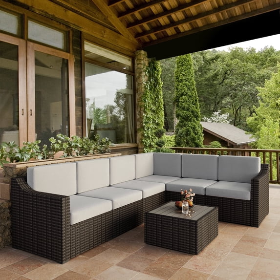 HAPPATIO 7-Piece Wicker Patio Conversation Set with Gray Cushions