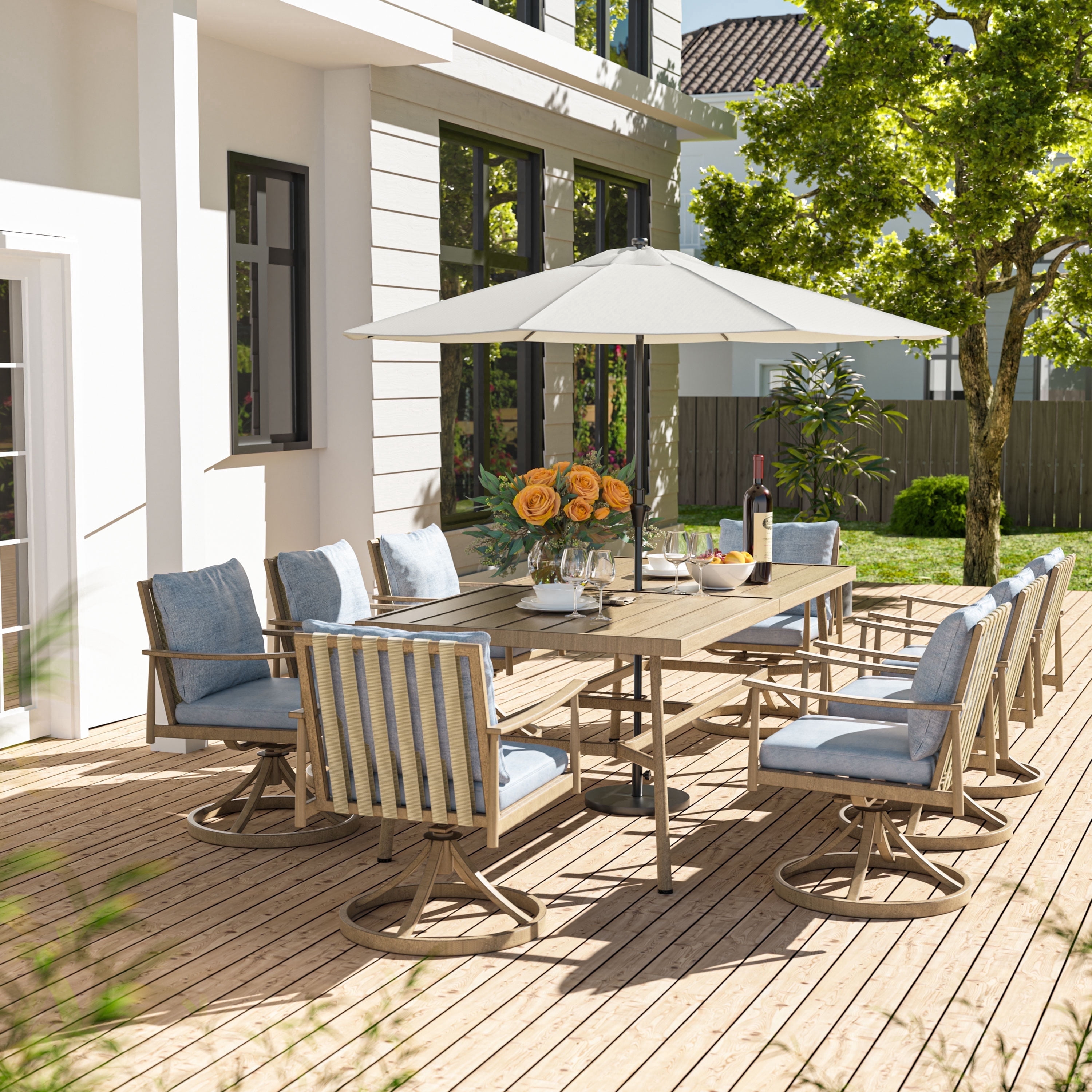 HAPPATIO 9-Piece Patio Dining Set for 8, Aluminum Outdoor Dining Set with Cushions, 8 Swivel Dining Chairs, 1 Large Rectangular Table with Umbrella Hole for Lawn, Porch, Backyard, Brown