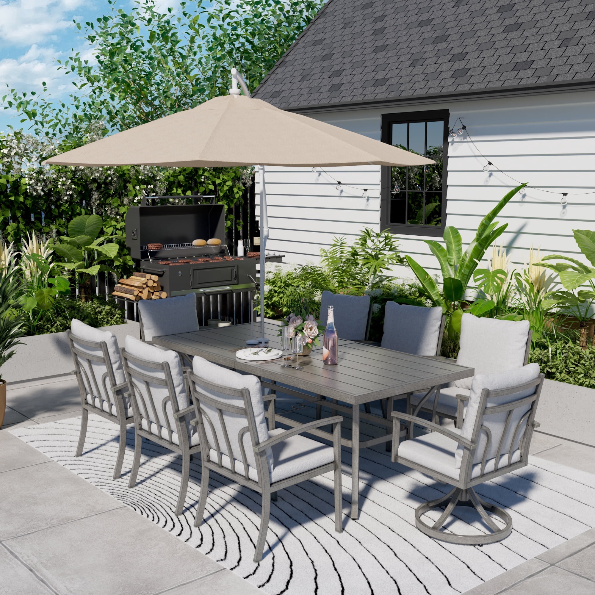 HAPPATIO 9-Piece Patio Outdoor Dining Set - All Aluminum Patio Table and Chairs Set for 8cludes 1 Rectangular Dining Table, 6 Dining Chairs, and 2 Swivel Dining Chairs with Cushions for Lawn, Deck