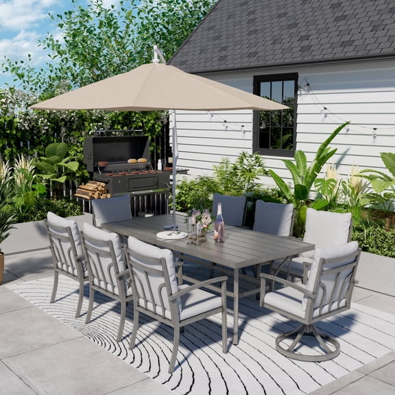 HAPPATIO 9-Piece Patio Outdoor Dining Set - All Aluminum Patio Table and Chairs Set for 8cludes 1 Rectangular Dining Table, 6 Dining Chairs, and 2 Swivel Dining Chairs with Cushions for Lawn, Deck