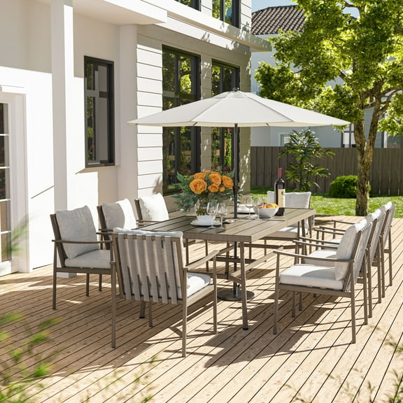 HAPPATIO 9-Piece Patio Table and Chairs Set for 8, Aluminum Outdoor Dining Set with Cushions, 8 Dining Chairs, 1 Large Rectangular Table with Umbrella Hole for Lawn, Porch, Backyard, Grey
